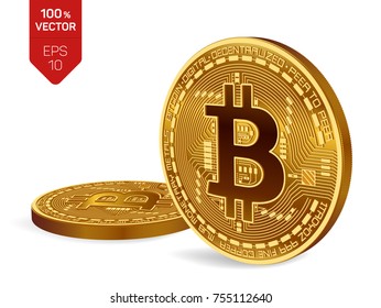 Bitcoin. 3D isometric Physical bit coin. Digital currency. Cryptocurrency. Two Golden coins with symbol isolated on white background. Stock vector illustration