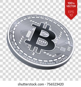 Bitcoin. 3D isometric Physical bit coin. Digital currency. Cryptocurrency. Silver coin with bitcoin symbol isolated on transparent background. Stock vector illustration