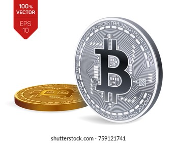 Bitcoin. 3D isometric Physical bit coin. Digital currency. Cryptocurrency. Golden and silver coins with bitcoin symbol isolated on white background. Stock vector illustration