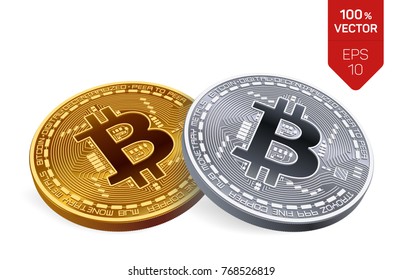 Bitcoin. 3D isometric Physical bit coin. Digital currency. Cryptocurrency. Golden and silver coins with bitcoin symbol isolated on white background. Stock vector illustration