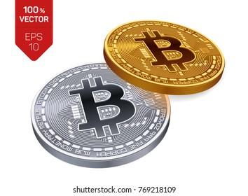Bitcoin. 3D isometric Physical bit coin. Digital currency. Cryptocurrency. Golden and silver coins with bitcoin symbol isolated on white background. Stock vector illustration.