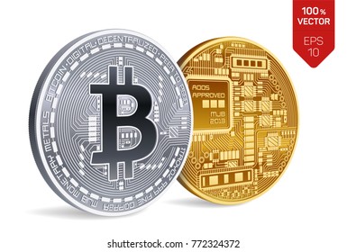 Bitcoin. 3D isometric Physical bit coin. Digital currency. Cryptocurrency. Golden and silver coins with bitcoin symbol isolated on white background. Stock vector illustration.