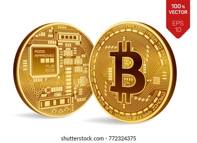 Bitcoin. 3D isometric Physical bit coin. Digital currency. Cryptocurrency. Two Golden coins with bitcoin symbol isolated on white background. Stock vector illustration.
