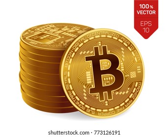 Bitcoin. 3D isometric Physical bit coin. Digital currency. Cryptocurrency. Stack of golden coins with bitcoin symbol isolated on white background. Stock vector illustration.