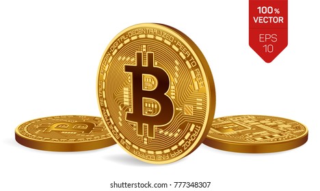 Bitcoin. 3D isometric Physical bit coin. Digital currency. Cryptocurrency. Three Golden coins with bitcoin symbol isolated on white background. Stock vector illustration.