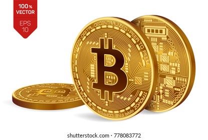 Bitcoin. 3D isometric Physical bit coin. Digital currency. Cryptocurrency. Three Golden coins with bitcoin symbol isolated on white background. Stock vector illustration.
