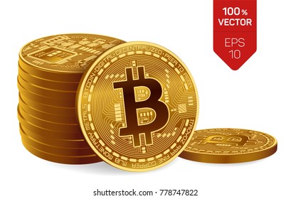Bitcoin. 3D isometric Physical bit coin. Digital currency. Cryptocurrency. Three Golden coins with bitcoin symbol isolated on white background. Stock vector illustration.