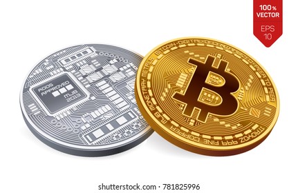 Bitcoin. 3D isometric Physical bit coin. Digital currency. Cryptocurrency. Golden and silver coins with bitcoin symbol isolated on white background. Stock vector illustration.