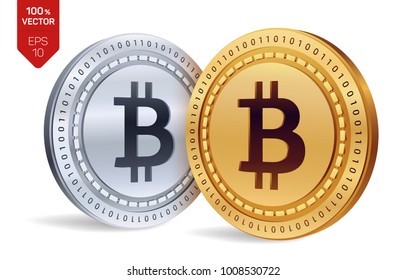 Bitcoin. 3D isometric Physical coins. Digital currency. Cryptocurrency. Golden and silver coins with bitcoin symbol isolated on white background. Vector illustration