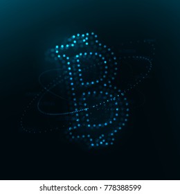 Bitcoin 3d object consists of glowing blurred particles . Blockchain concept illustration . Bigdata visualization . Stock vector .
