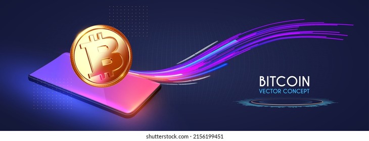 Bitcoin. Símbolo 3D de dinero criptográfico con smartphone y efectos de luz. Moneda de criptomoneda.