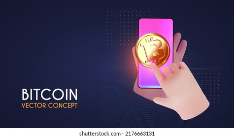 Bitcoin. 3D render crypto money symbol with smartphone, hands and light effects. Cryptocurrency coin.