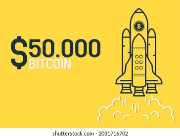 Bitcoin is about to break the $50,000 barrier.Bitcoin logo and rocket concept