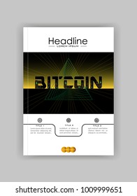 Bitcoin abstract background design with triangle geometric futuristic lines and chip. Cover book template. Vector.