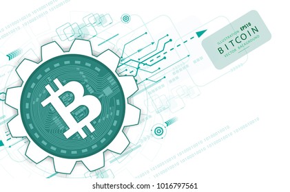 bitcoin abstract background, digital tech concept, white sphere gear, finance and communication business, created from geometric shapes. Stock vector illustration.