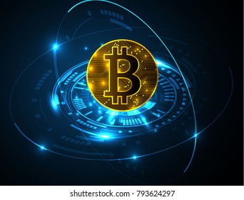 Bitcoin Abstract geometric technology shape of glowing particles Light neon