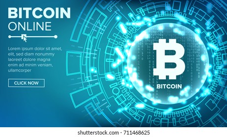 Bitcoin Abstract Technology Background Vector. Binary Code. Fintech Blockchain. Cryptography. Cryptocurrency Mining Concept Illustration.