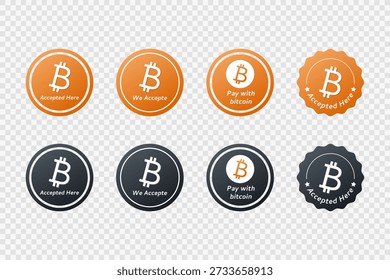 Bitcoin aceptado aquí Firme con el conjunto de iconos de criptomonedas, Vector de símbolos de pago de moneda digital