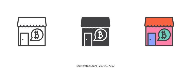 Bitcoin accepted shop different style icon set. Line, glyph and filled outline colorful version, outline and filled vector sign. Symbol, logo illustration. Vector graphics