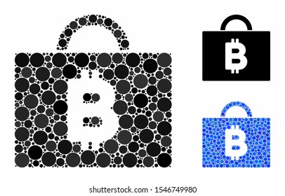 Bitcoin accounting case composition of small circles in various sizes and color tones, based on Bitcoin accounting case icon. Vector filled circles are combined into blue mosaic.