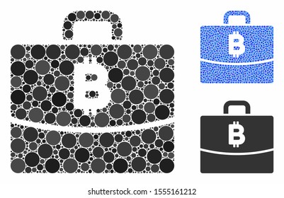 Bitcoin accounting case mosaic of spheric dots in different sizes and color tones, based on Bitcoin accounting case icon. Vector round dots are composed into blue mosaic.