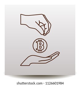 bitcoin accumulation line Vector icon with hands on a realistic paper background with shadow.  Illustration in Flat design style. Image suitable for cryptomoney business