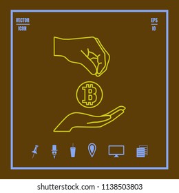 bitcoin accumulation line Vector icon with hands.  Illustration in Flat design style. Image suitable for cryptomoney business