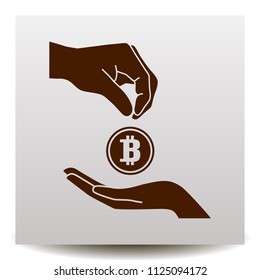 bitcoin accumulation Vector icon with hands on a realistic paper background with shadow.  Illustration in Flat design style. Image suitable for cryptomoney business