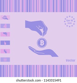 bitcoin accumulation Vector icon with hands.  Illustration in Flat design style. Image suitable for cryptomoney business