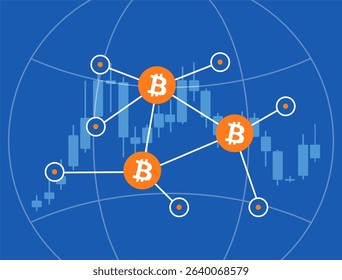 Bitcoin adoption drives global user trust with nodes and lightning network connections for seamless cross-border cryptocurrency payments and growing crypto acceptance vector illustration