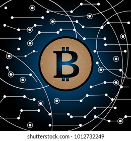 Bitcoin in the air. Technology lines and dots background. Vector illustration