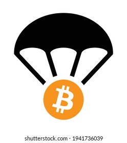 Bitcoin Airdrop Vector Icon, Decentralized Digital Currency. BTC With Parachute For Air Drop.