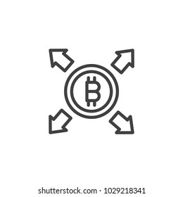 Bitcoin with all direction arrows outline icon. linear style sign for mobile concept and web design. Cryptocurrency money spread simple line vector icon. Symbol, logo illustration