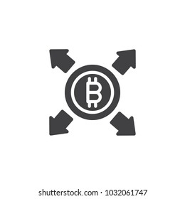 Bitcoin with all direction arrows vector icon. filled flat sign for mobile concept and web design. Cryptocurrency money spread simple solid icon. Symbol, logo illustration. Vector graphics