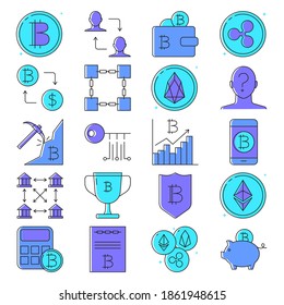 Bitcoin and altcoins icon set in colored line style. Alternative currency collection. Cryptocurrency symbols. Vector illustration.