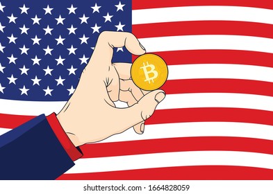 Bitcoin America - Hand holding up a bitcoin in front of the American flag. U.S.A is bullish on bitcoin concept. Flat vector illustration.