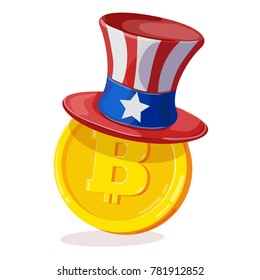 Bitcoin in American hat. Cartoon digital currency. Gold cryptocurrency. Money and finance symbol. Miner bit coin criptocurrency. Vector illustration.