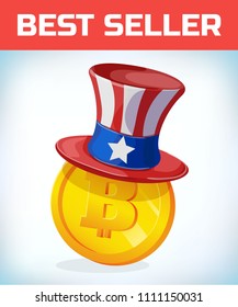 Bitcoin in American hat. Bitcoin. Digital currency. Crypto currency. Money and finance symbol. Miner bit coin criptocurrency. Virtual money concept. Cartoon Vector illustration.