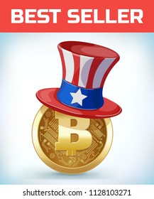 Bitcoin in American hat. Bitcoin. Digital currency. Crypto currency. Money and finance symbol. Miner bit coin criptocurrency. Virtual money concept. Cartoon Vector illustration