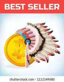 Bitcoin in American Indian hat. Bitcoin. Digital currency. Crypto currency. Money and finance symbol. Miner bit coin criptocurrency. Virtual money concept. Cartoon Vector illustration.