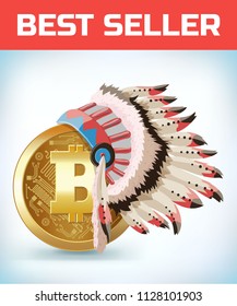 Bitcoin in American Indian hat. Bitcoin. Digital currency. Crypto currency. Money and finance symbol. Miner bit coin criptocurrency. Virtual money concept. Cartoon Vector illustration.