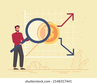 Bitcoin analysis concept. Guy with magnifying glass looks at coin. Cryptocurrency and financial literacy and passive income. Evaluation of investment efficiency. Cartoon flat vector illustration