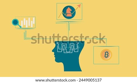 bitcoin analysis strategy simple vector, symbol of the silhouette of a man's head thinking about bitcoin