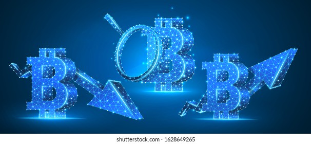 Bitcoin analytics, growth and downtrend arrow symbols set. Low poly, wireframe digital 3d vector illustration. Abstract polygonal Web Money analysis and flow concept, image on blue neon background