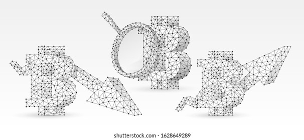 Bitcoin analytics, growth and downtrend arrow symbols set. Low poly, wireframe digital 3d vector illustration. Abstract polygonal Web Money analysis and flow concept, image on white origami background