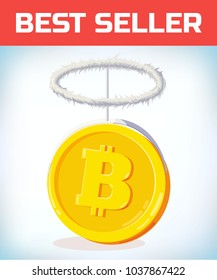 Bitcoin with angel nibm. Crypto currency crisis. Crypto currency devaluation. Bitcoin fallen. Digital currency. Crypto currency. Money and finance symbol. Cartoon Vector illustration.