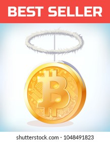 Bitcoin with angel nibm. Crypto currency crisis. Crypto currency devaluation. Bitcoin fallen. Digital currency. Crypto currency. Money and finance symbol. Cartoon Vector illustration
