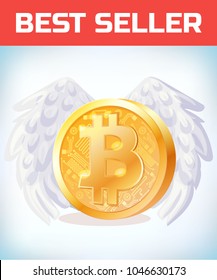 Bitcoin with angel wings. Bitcoin. Digital currency. Crypto currency. Money and finance symbol. Miner bit coin criptocurrency. Virtual money concept. Cartoon Vector illustration.
