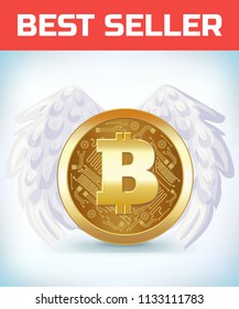 Bitcoin with angel wings. Bitcoin. Digital currency. Money and finance symbol. Virtual money concept. Blockchain and crypto currency crisis. Crypto currency devaluation. Bitcoin fallen. 