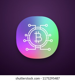 Bitcoin app icon. Virtual currency. Online banking. UI/UX user interface. Bitcoin payment. Contour symbol. Microchip pathways with coin inside. Web or mobile application. Vector isolated illustration